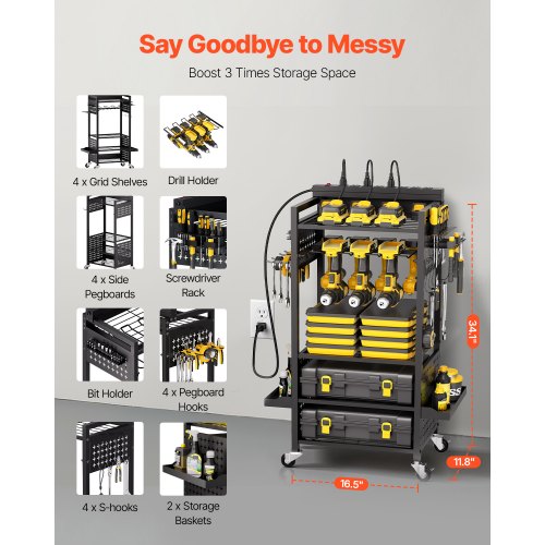 5tier Tool Organizer Cart with Charging Station 8 AC Outlet Floor Stand