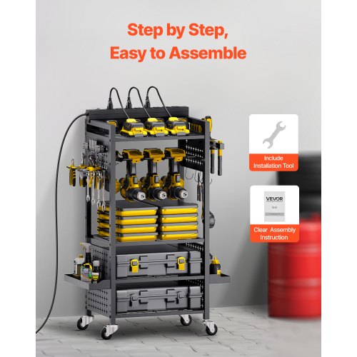 5tier Tool Organizer Cart with Charging Station 8 AC Outlet Floor Stand