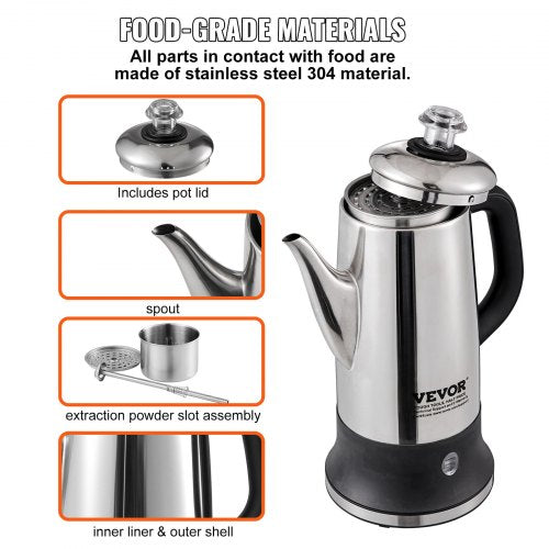 12 Cup Electric Percolator Coffee Pot 304 Stainless Steel Coffee Percolator