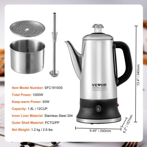 12 Cup Electric Percolator Coffee Pot 304 Stainless Steel Coffee Percolator