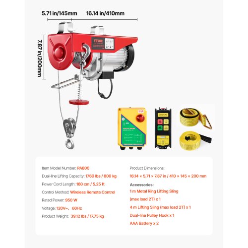 Electric Hoist 1760 lbs 120V Electric Winch with 328 ft Wireless Remote