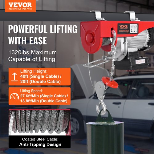 Electric Hoist Crane Winch 1320 lbs 328 ft Wireless 14 ft Wired Remote