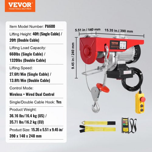 Electric Hoist Crane Winch 1320 lbs 328 ft Wireless 14 ft Wired Remote