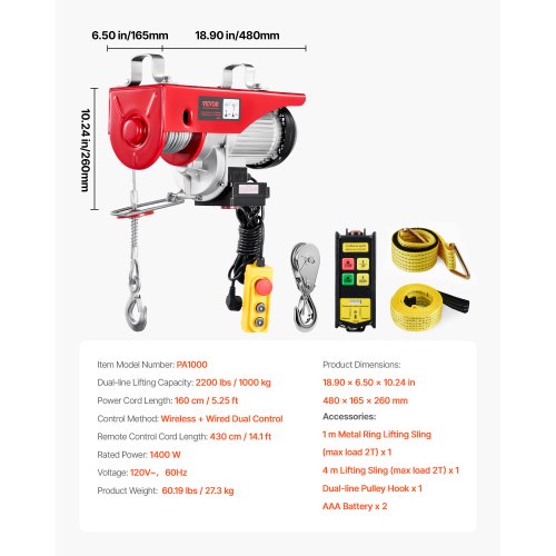 Electric Hoist 2200 lbs 120V Electric Winch with 328 ft Wireless 14 ft