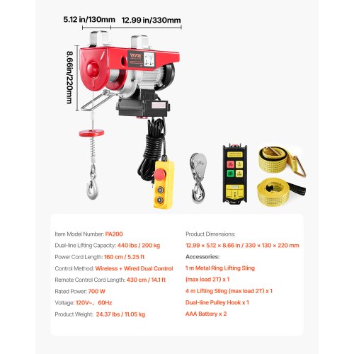 Electric Hoist 440 lbs 120V Electric Winch with 328 ft Wireless 14 ft
