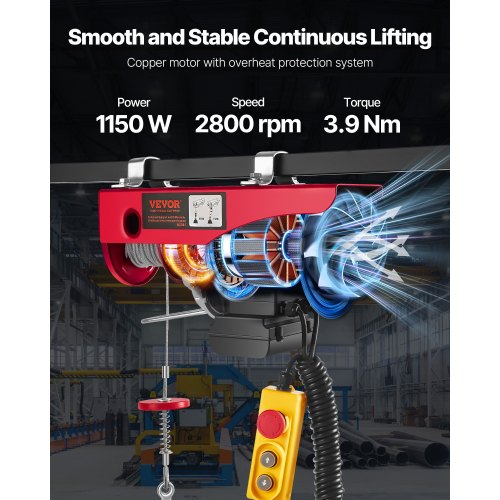Electric Hoist 1320 lbs Lifting Capacity 1150W 110V Electric Steel Wire