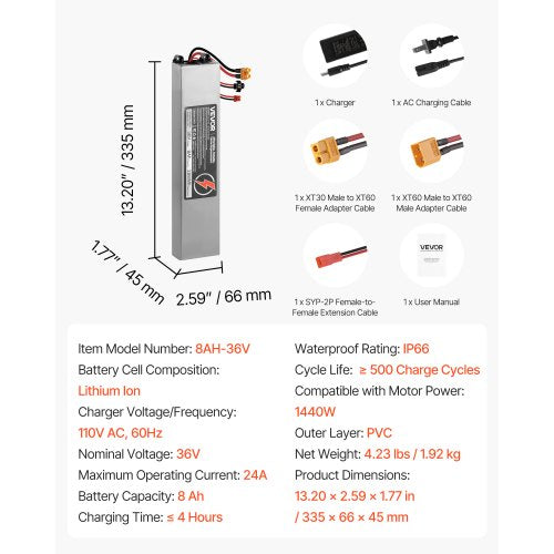 36V Scooter Battery Pack 8Ah 8000mAh Lithium Battery Replacement with 30A