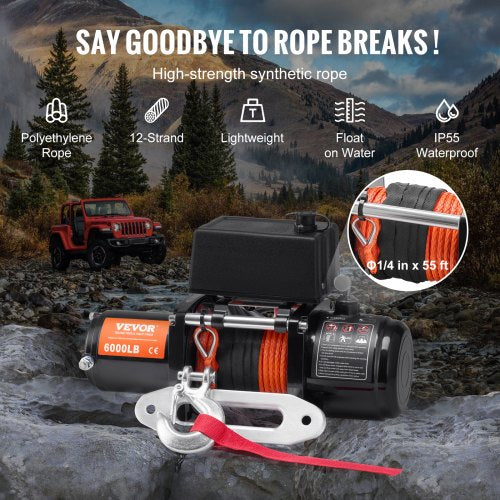 Electric Winch 6000 lb 12V DC Truck Winch with 14 in x 55 ft Synthetic