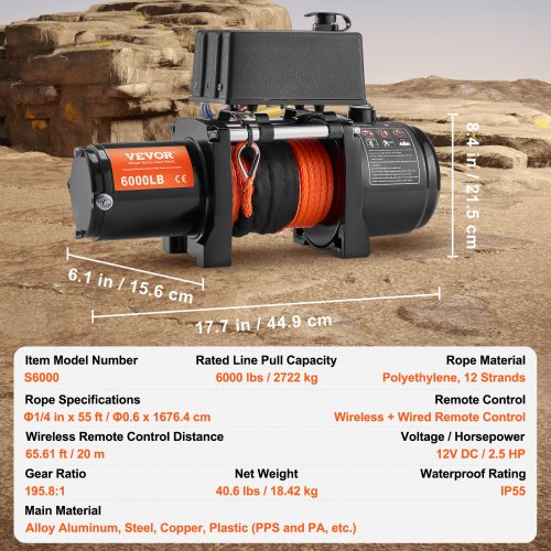 Electric Winch 6000 lb 12V DC Truck Winch with 14 in x 55 ft Synthetic