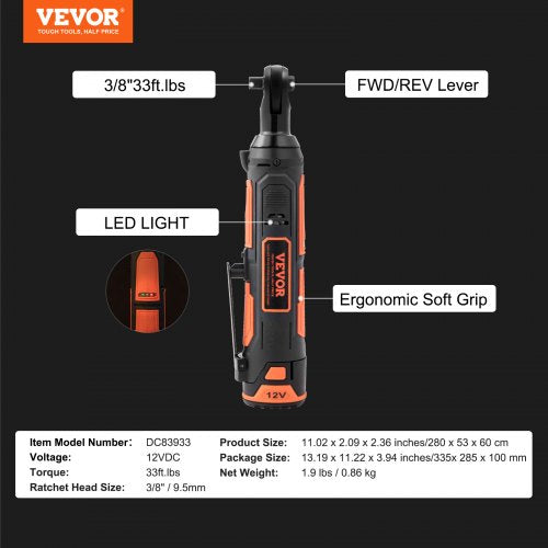 3/8 " Cordless Electric Ratchet Wrench Set 12V 33 Ft-lbs Power Ratchet Tool