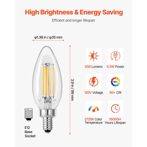 LED Candelabra Bulbs 12Pack Dimmable Chandelier Light Bulbs Vintage Clear