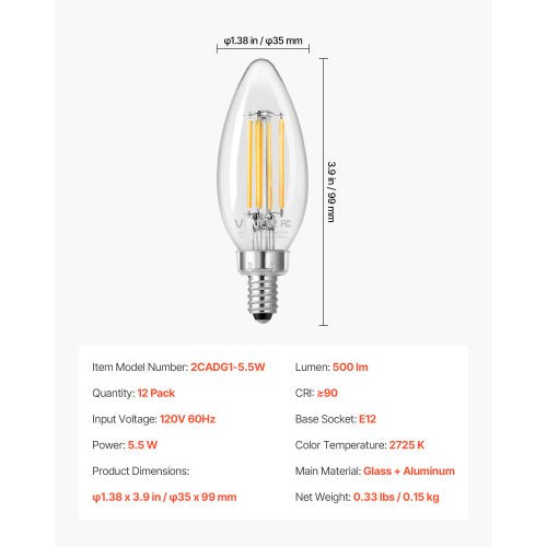 LED Candelabra Bulbs 12Pack Dimmable Chandelier Light Bulbs Vintage Clear