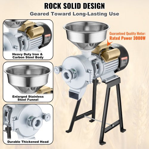 Electric Grain Mill Grinder 3000W Spice Grinders Commercial Corn With Funnel