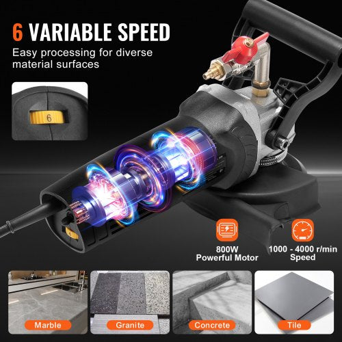 Wet Polisher 800W 4 Concrete Grinder with 6 Variable Speed and 7 Polishing