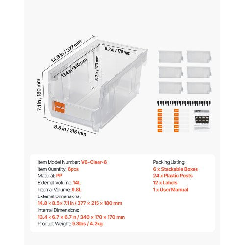 Plastic Stackable Storage Bins 148 x 85 x 7.1 inch 6 Pack Plastic