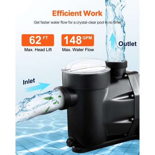 Above Ground Pool Pump 2.5 HP 148 GPM Max Flow Single Speed Swimming Pool