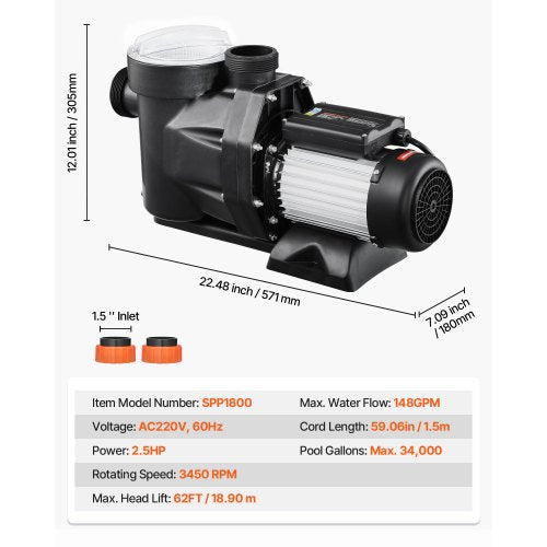 Above Ground Pool Pump 2.5 HP 148 GPM Max Flow Single Speed Swimming Pool