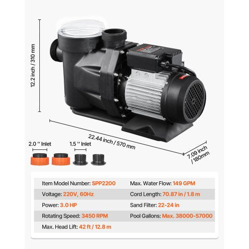 Above Ground Pool Pump 3 HP 149 GPM Max Flow Single Speed Swimming Pool