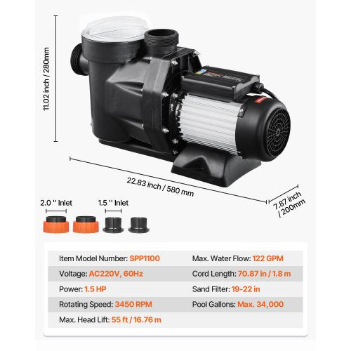Above Ground Pool Pump 1.5HP 122 GPM Max Flow Single Speed Swimming Pool
