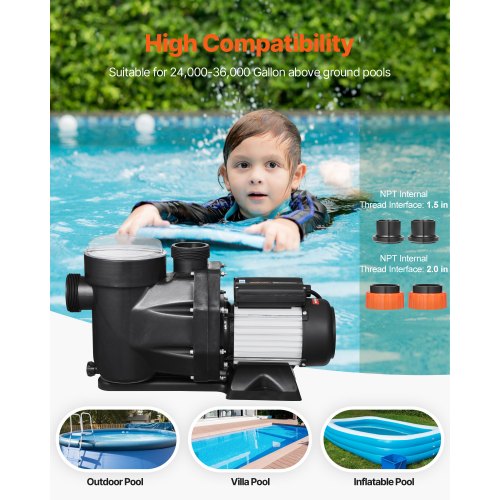 Above Ground Pool Pump 2 HP 135 GPM Max Flow Single Speed Swimming Pool