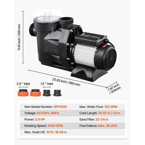 Above Ground Pool Pump 2 HP 135 GPM Max Flow Single Speed Swimming Pool