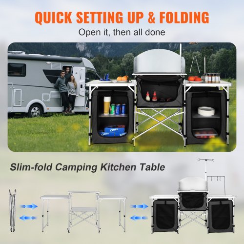 Camping Kitchen Table Folding Outdoor Cooking Table with Storage Carrying