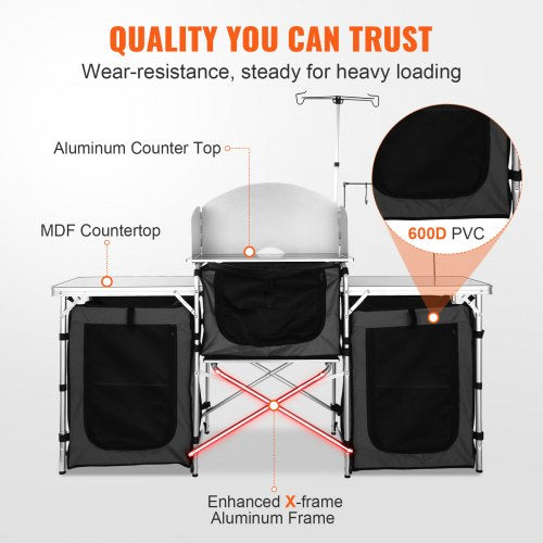 Camping Kitchen Table Folding Outdoor Cooking Table with Storage Carrying