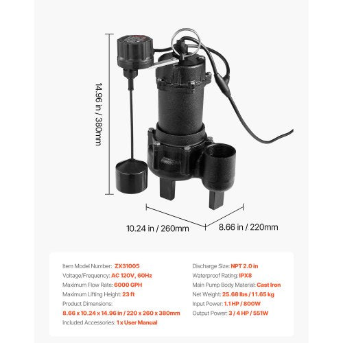 Submersible Sewage Pump 34 Hp 6000 Gph Cast Iron Sewageeffluent With Automatic