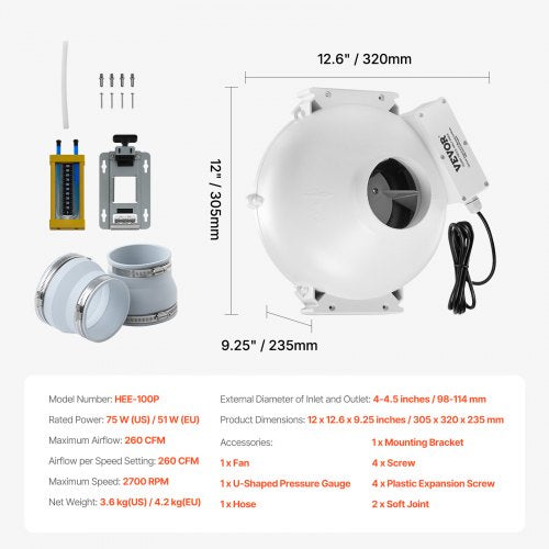 4 to 4.5 inch Radon Fan Installation Kit Quiet 260CFM Radon Mitigation Fan
