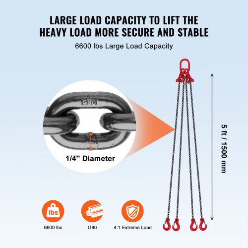 Chain Sling 14 inch x 5 ft Lifting Chains with Hooks G80 Engine Chain