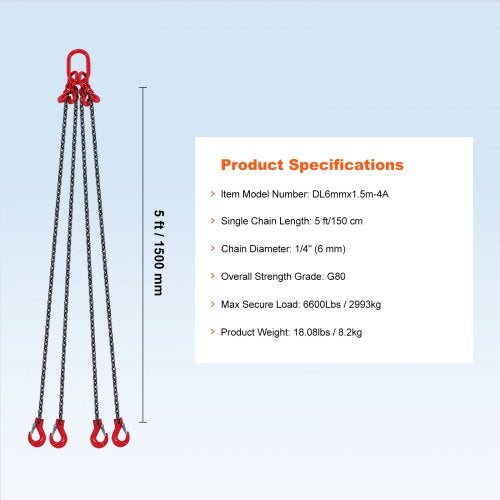 Chain Sling 14 inch x 5 ft Lifting Chains with Hooks G80 Engine Chain