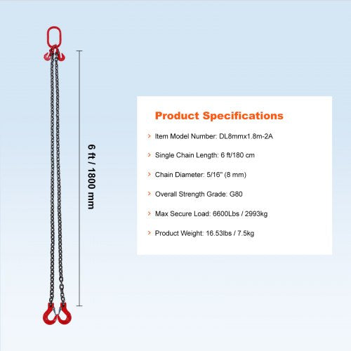Chain Sling 516 inch x 6 ft Lifting Chains with Hooks G80 Engine Chain