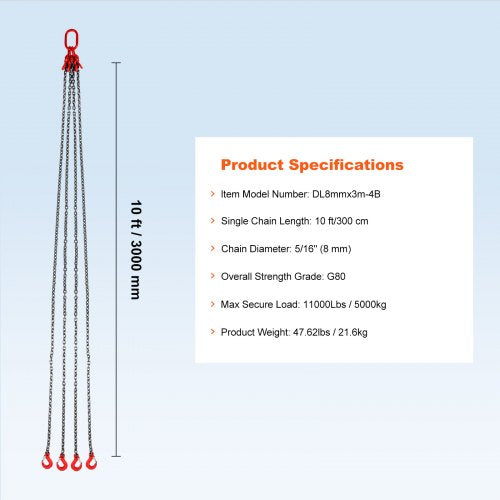 Chain Sling 516 inch x 10 ft Lifting Chains with Hooks G80 Engine Chain