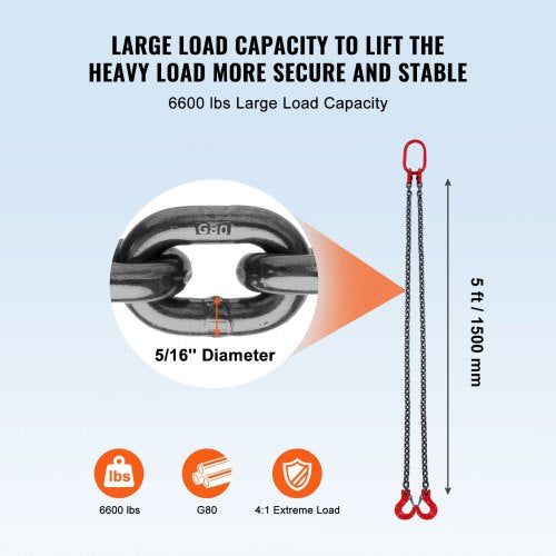 Chain Sling 516 inch x 5 ft Lifting Chains with Hooks G80 Engine Chain
