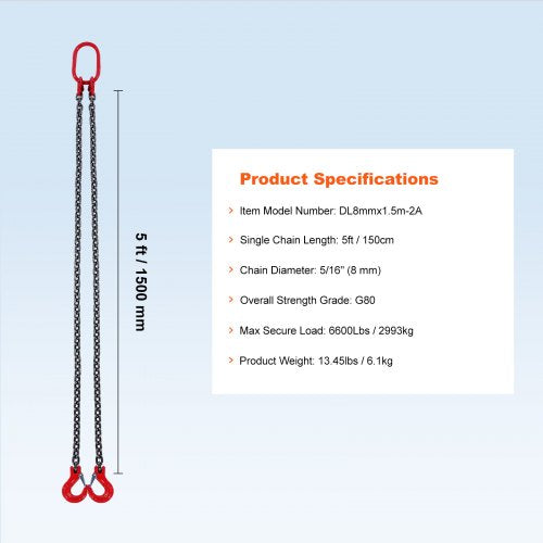 Chain Sling 516 inch x 5 ft Lifting Chains with Hooks G80 Engine Chain