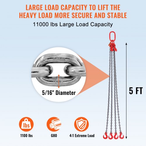 Chain Sling 516 inch x 5 ft Lifting Chains with Hooks G80 Engine Chain
