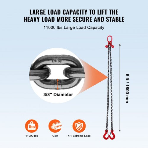 38 x 6 Chain Sling 2 Legs G80 Lifting Chain with Grab Hooks 11000 lbs