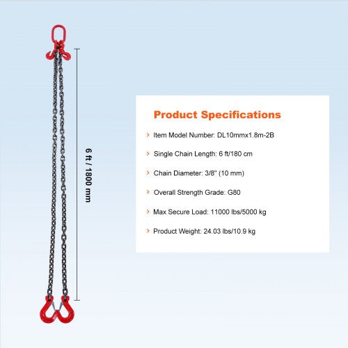 38 x 6 Chain Sling 2 Legs G80 Lifting Chain with Grab Hooks 11000 lbs