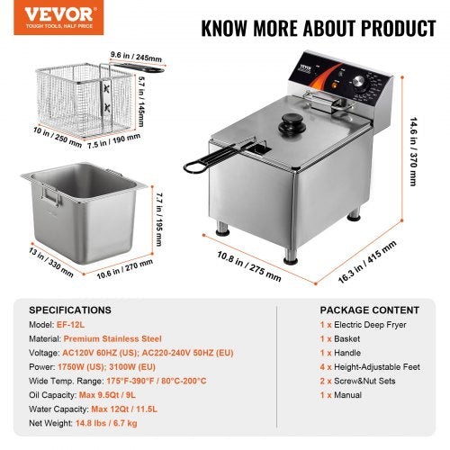 Commercial Deep Fryer 1750W Electric Countertop Fryer with Basket