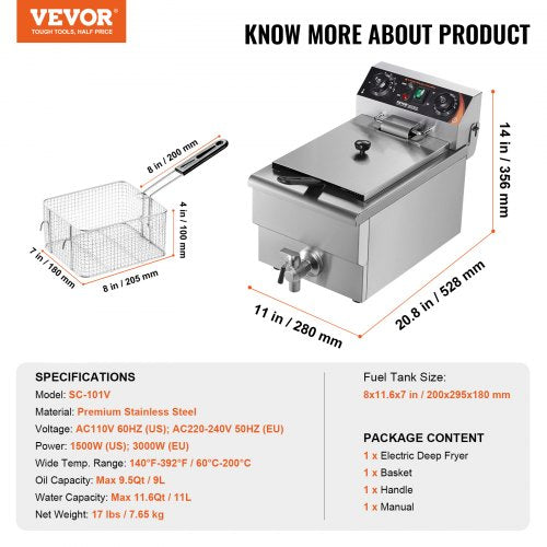 Commercial Deep Fryer 1500W Electric Countertop With Basket 116Qt 11L