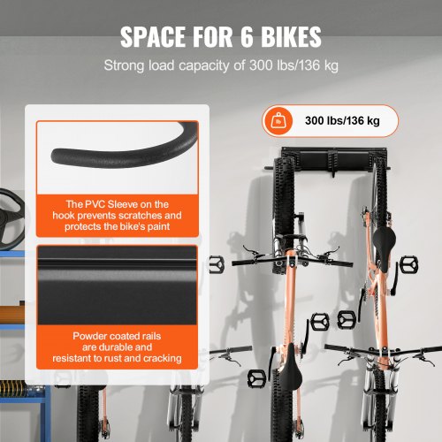 Bike Storage Rack 6 Bike Racks and 6 Helmets Hooks Wall Mount Bike Storage