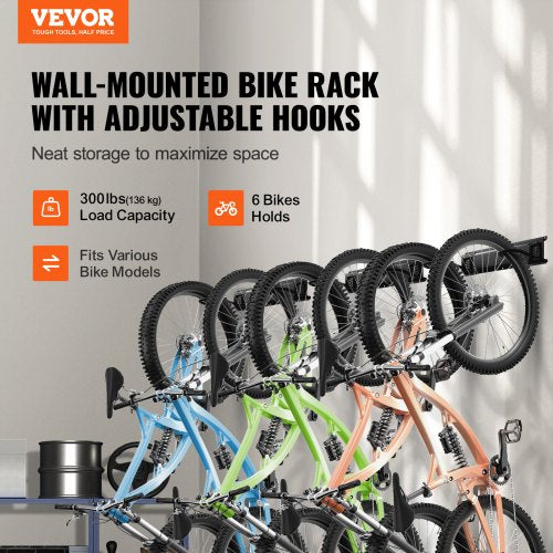 Bike Storage Rack 6 Bike Racks and 5 Helmets Hooks Wall Mount Bike Storage