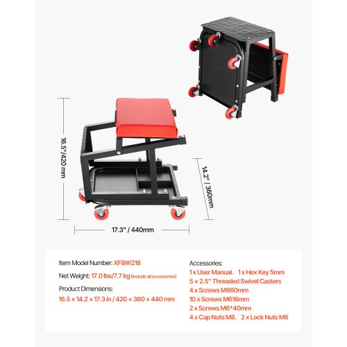 Mechanic Stool 300 lbs Capacity Garage SeatWork Stool with Wheels 360°