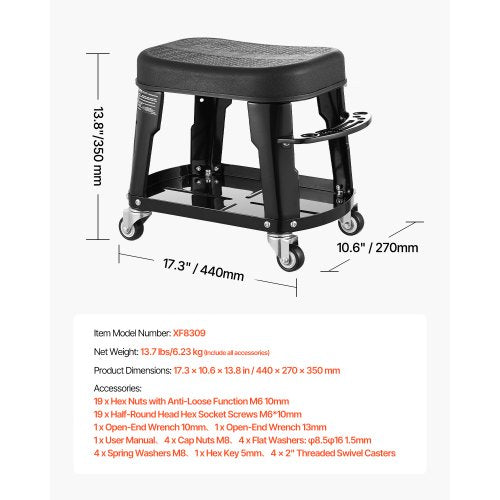 Mechanic Stool 300 lbs Capacity Garage SeatWork Stool with Wheels 360°