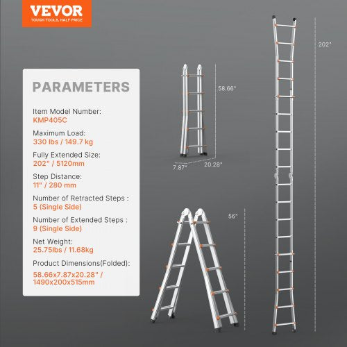 Telescoping Ladder A Frame 17 FT Compact Aluminum Extension Ladder