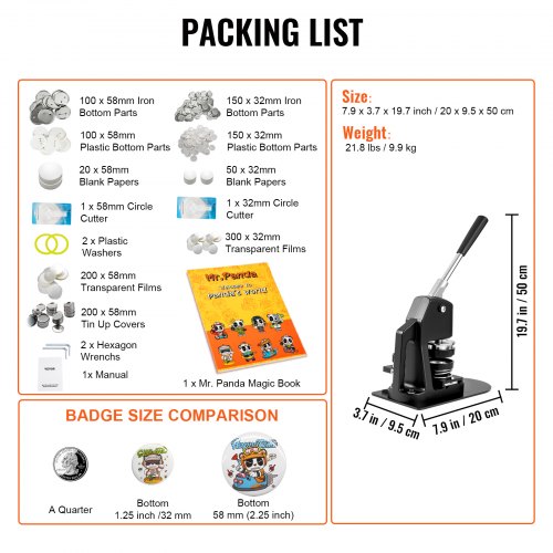 Button Maker Machine Multiple Sizes 1.25 + 2.25 Inch Badge Punch Press Kit