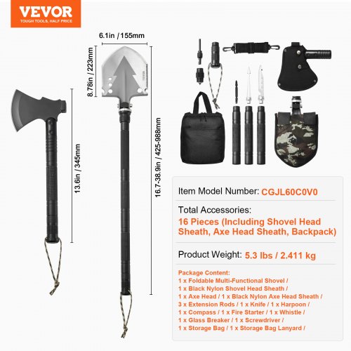 Survival Shovel Survival Axe 16in1 Camping Folding Shovels with Hatchet