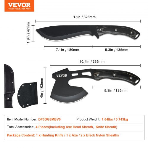 Hunting Knife and Hatchet Axe Combo Set with Sheath Fixed Blade Tactical