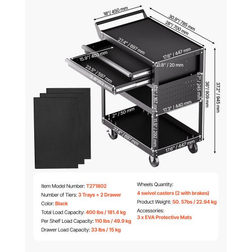 5Tier Tool Cart with Wheels 400 lbs Load Capacity Rolling Work Cart with Wheels