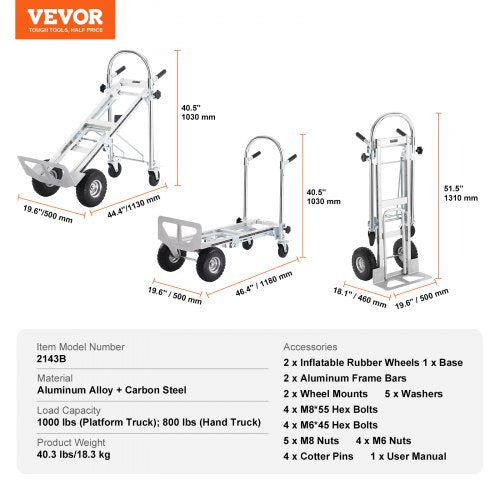 Aluminum Folding Hand Truck 4 in 1 Design 1000 lbs Capacity Heavy Duty
